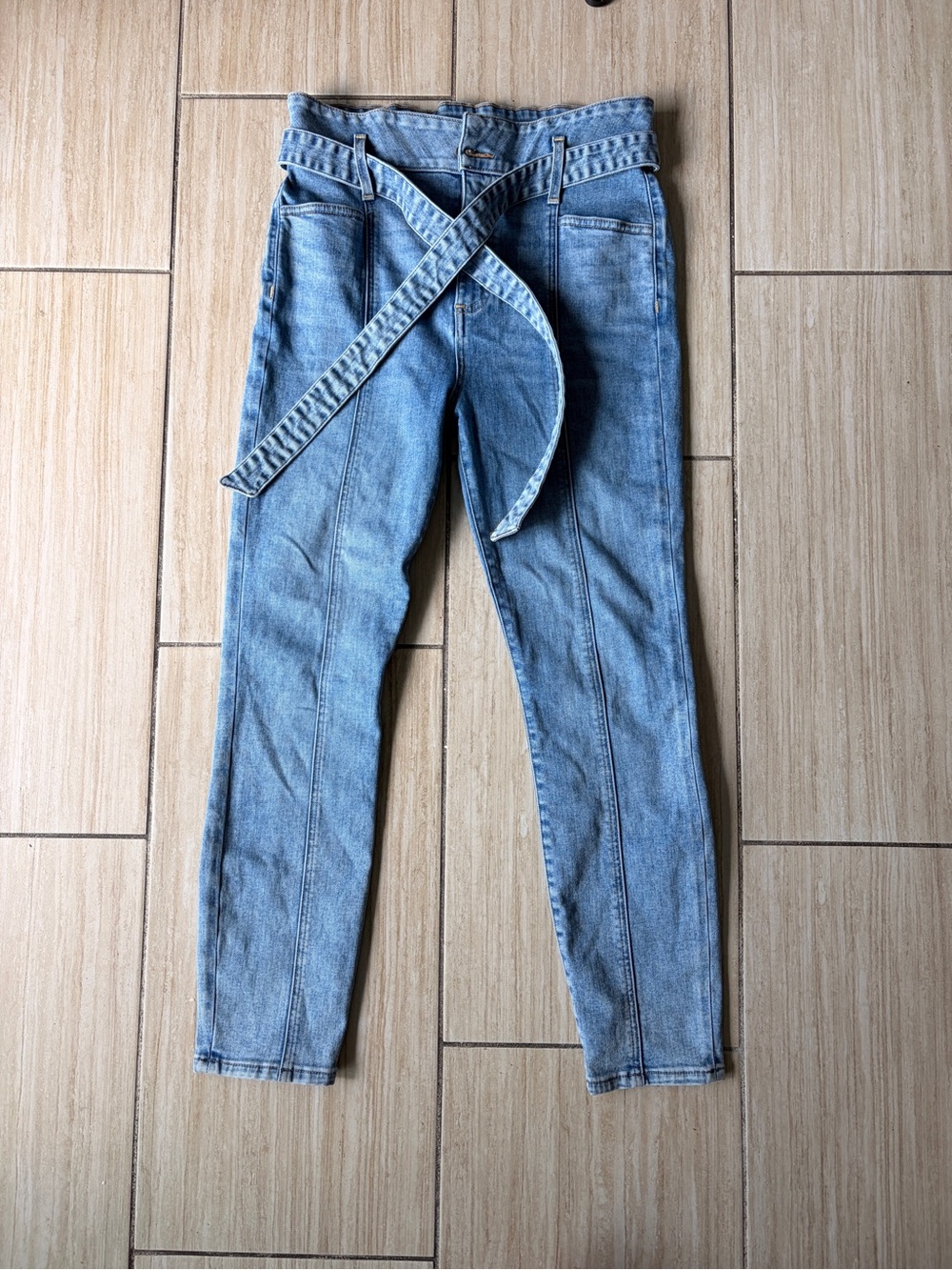Alice + Olivia Light Blue High-Rise Jeans with Crossed Straps